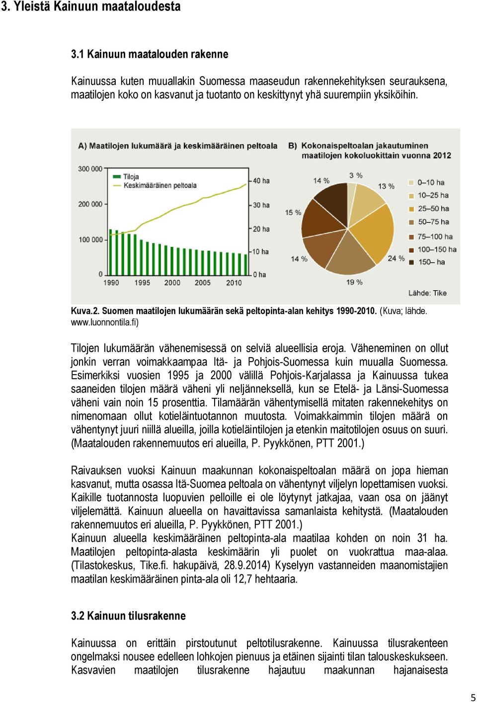 Suomen maatilojen lukumäärän sekä peltopinta-alan kehitys 1990-2010. (Kuva; lähde. www.luonnontila.fi) Tilojen lukumäärän vähenemisessä on selviä alueellisia eroja.