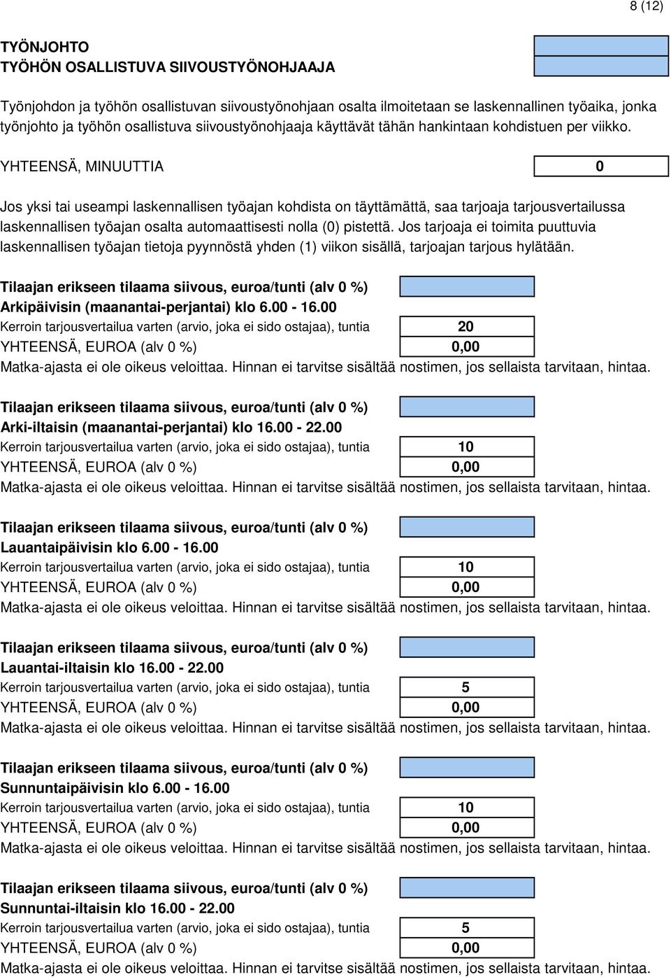 YHTEENSÄ, MINUUTTIA 0 Jos yksi tai useampi laskennallisen työajan kohdista on täyttämättä, saa tarjoaja tarjousvertailussa laskennallisen työajan osalta automaattisesti nolla (0) pistettä.