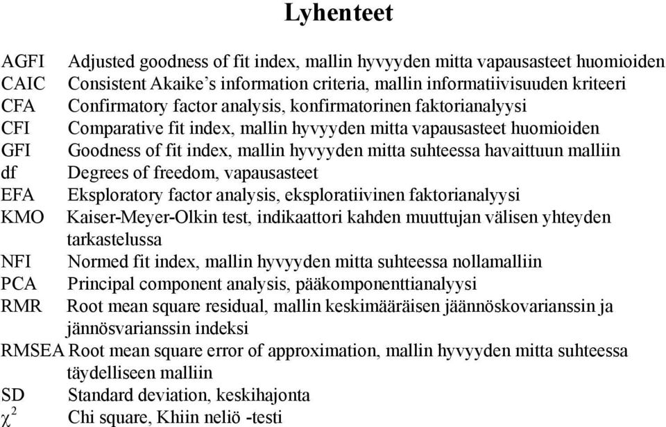 Degrees of freedom, vapausasteet EFA Eksploratory factor analysis, eksploratiivinen faktorianalyysi KMO Kaiser-Meyer-Olkin test, indikaattori kahden muuttujan välisen yhteyden tarkastelussa NFI