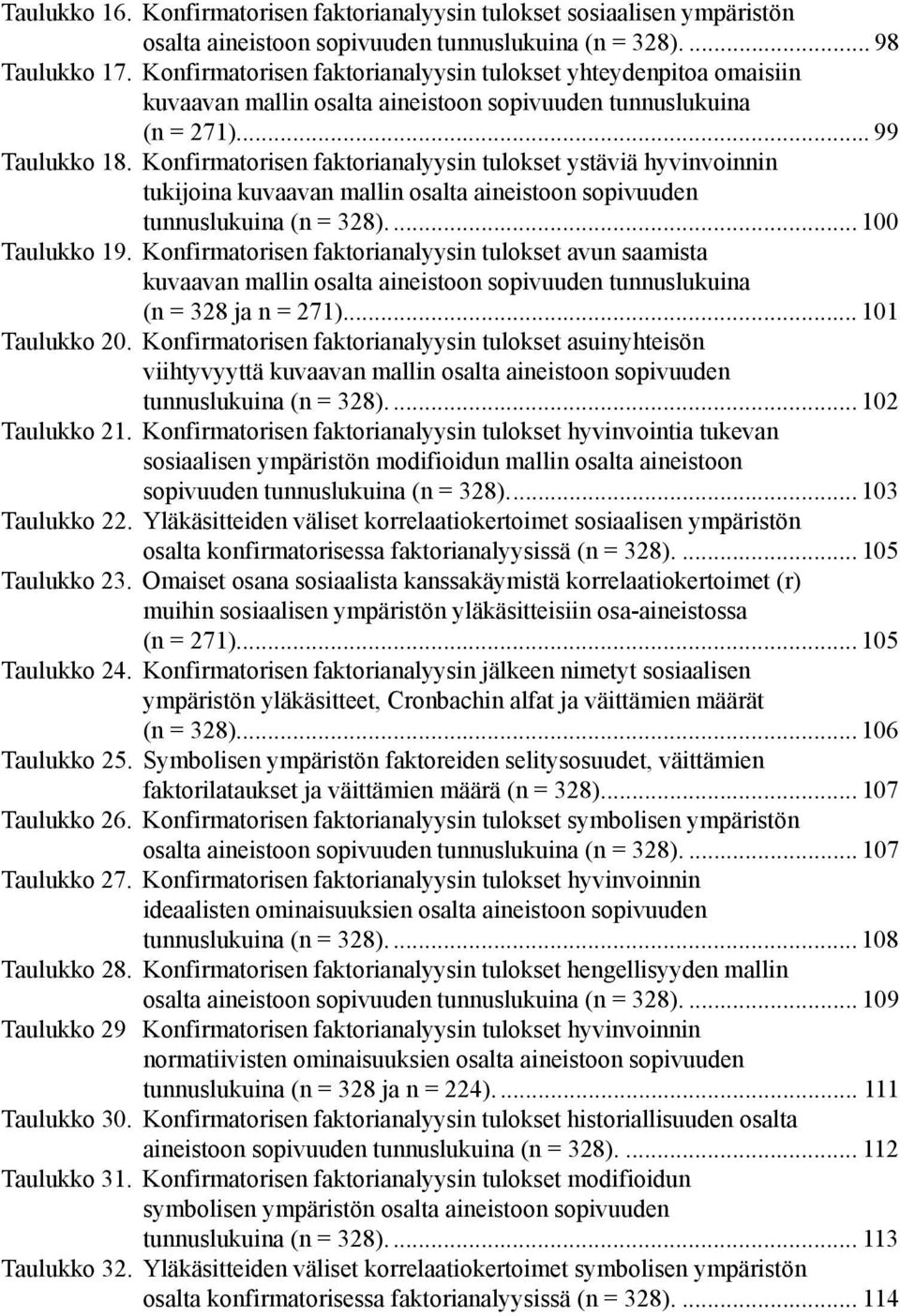 Konfirmatorisen faktorianalyysin tulokset ystäviä hyvinvoinnin tukijoina kuvaavan mallin osalta aineistoon sopivuuden tunnuslukuina (n = 328).... 100 Taulukko 19.