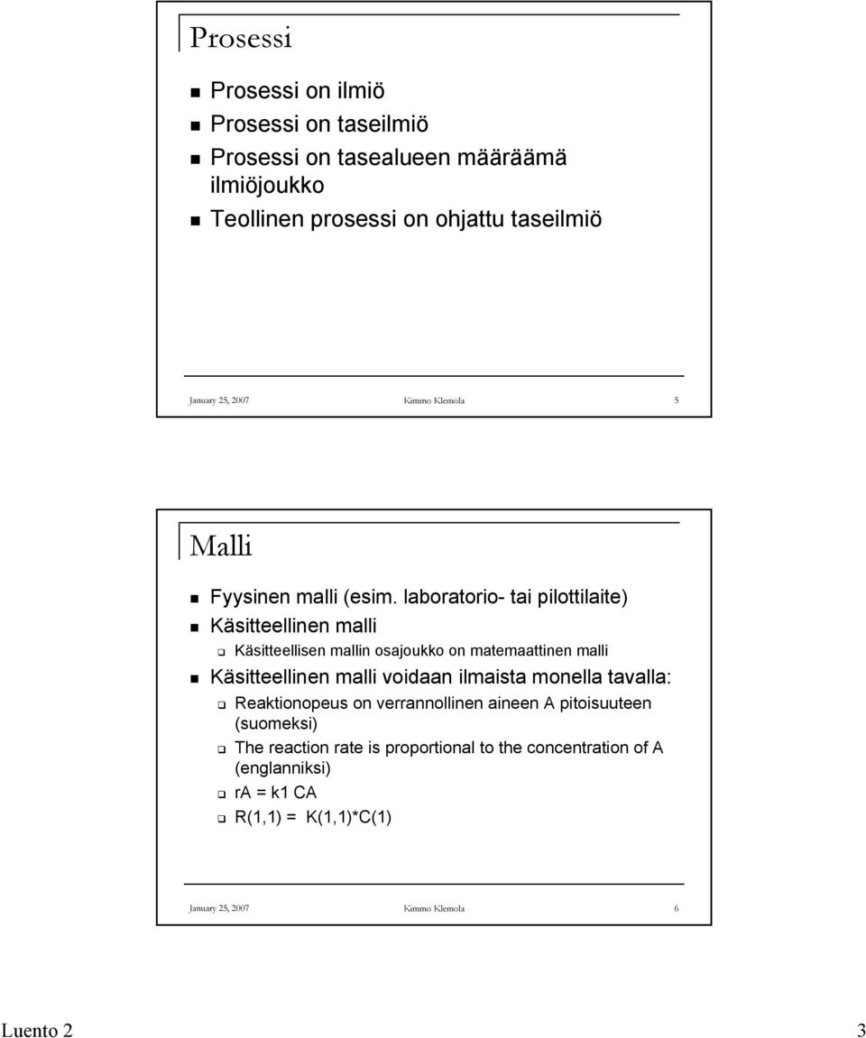 laboratorio- tai pilottilaite) Käsitteellinen malli Käsitteellisen mallin osajoukko on matemaattinen malli Käsitteellinen malli voidaan