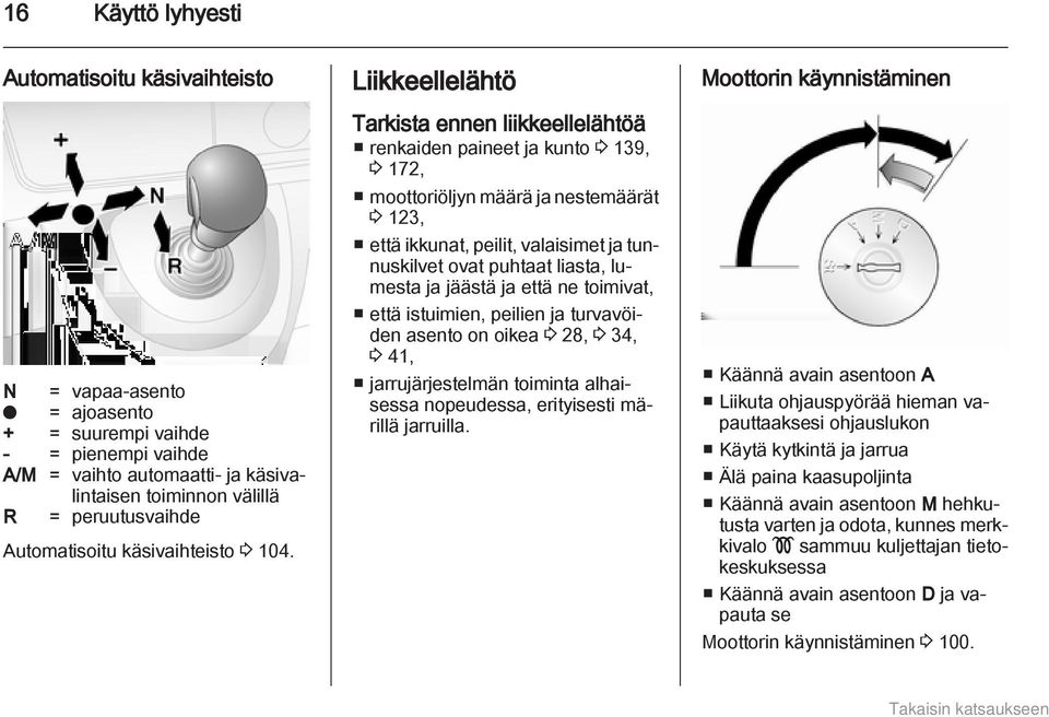 Liikkeellelähtö Tarkista ennen liikkeellelähtöä renkaiden paineet ja kunto 3 139, 3 172, moottoriöljyn määrä ja nestemäärät 3 123, että ikkunat, peilit, valaisimet ja tunnuskilvet ovat puhtaat