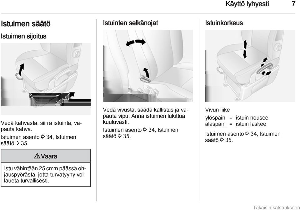 9 Vaara Istu vähintään 25 cm:n päässä ohjauspyörästä, jotta turvatyyny voi laueta turvallisesti.