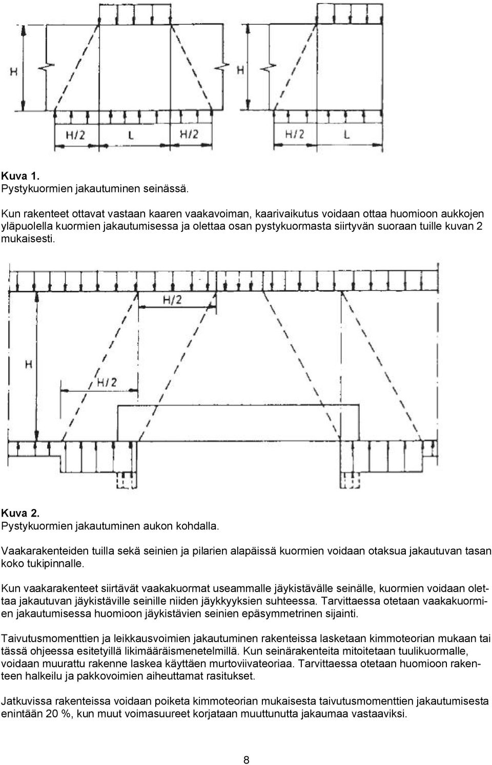 mukaisesti. Kuva 2. Pystykuormien jakautuminen aukon kohdalla. Vaakarakenteiden tuilla sekä seinien ja pilarien alapäissä kuormien voidaan otaksua jakautuvan tasan koko tukipinnalle.