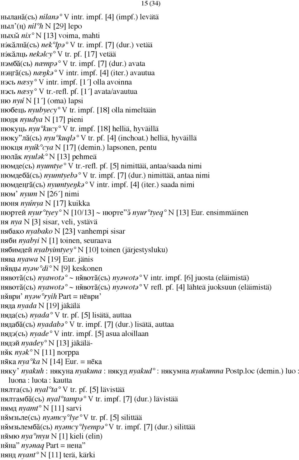 [1 ] avata/avautua ню nyú N [1 ] (oma) lapsi нюбець nyubyecy V tr. impf. [18] olla nimeltään нюдя nyudya N [17] pieni нюкуць nyu kucy V tr. impf. [18] helliä, hyväillä нюку лӑ(сь) nyu kuqlə V tr. pf.