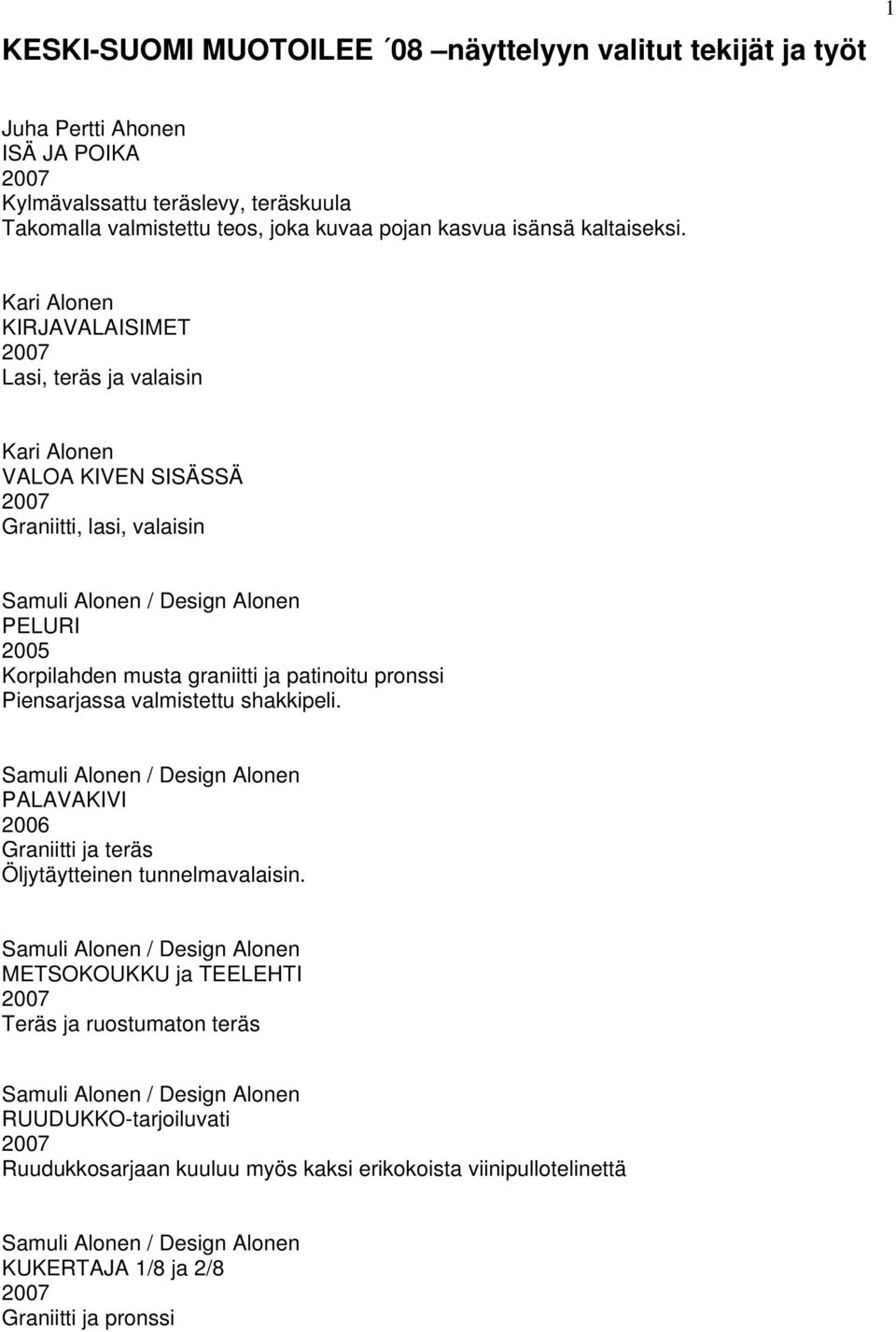 Kari Alonen KIRJAVALAISIMET Lasi, teräs ja valaisin Kari Alonen VALOA KIVEN SISÄSSÄ Graniitti, lasi, valaisin Samuli Alonen / Design Alonen PELURI Korpilahden musta graniitti ja patinoitu pronssi