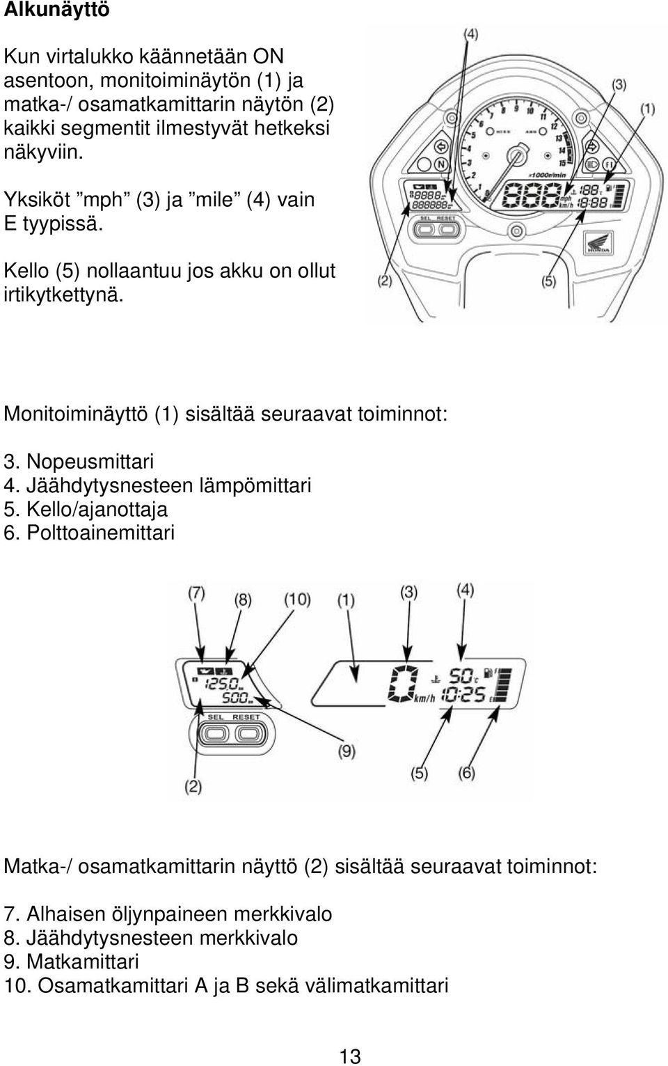 Monitoiminäyttö (1) sisältää seuraavat toiminnot: 3. Nopeusmittari 4. Jäähdytysnesteen lämpömittari 5. Kello/ajanottaja 6.