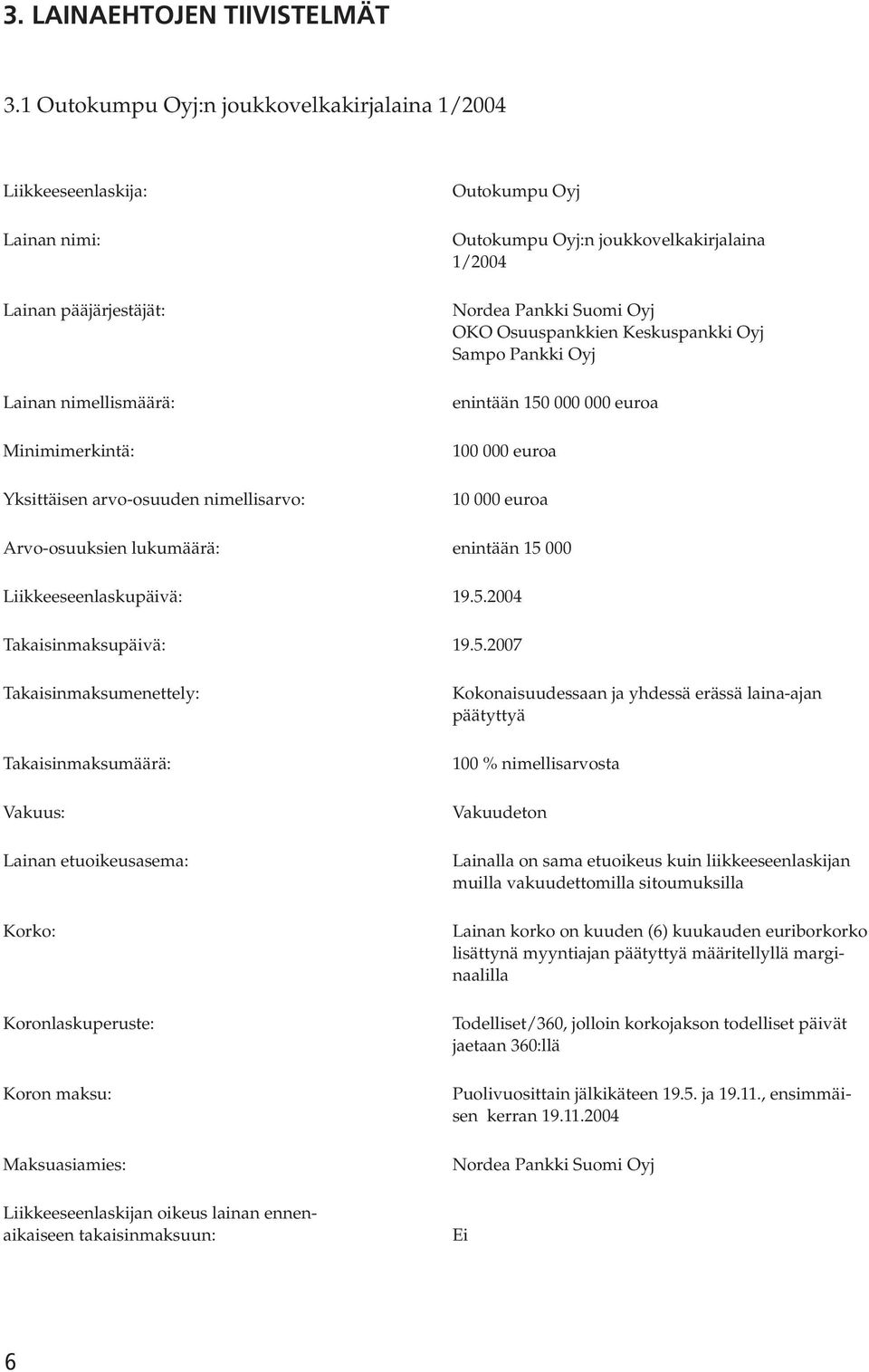 Outokumpu Oyj:n joukkovelkakirjalaina 1/2004 Nordea Pankki Suomi Oyj OKO Osuuspankkien Keskuspankki Oyj Sampo Pankki Oyj enintään 150 000 000 euroa 100 000 euroa 10 000 euroa Arvo-osuuksien