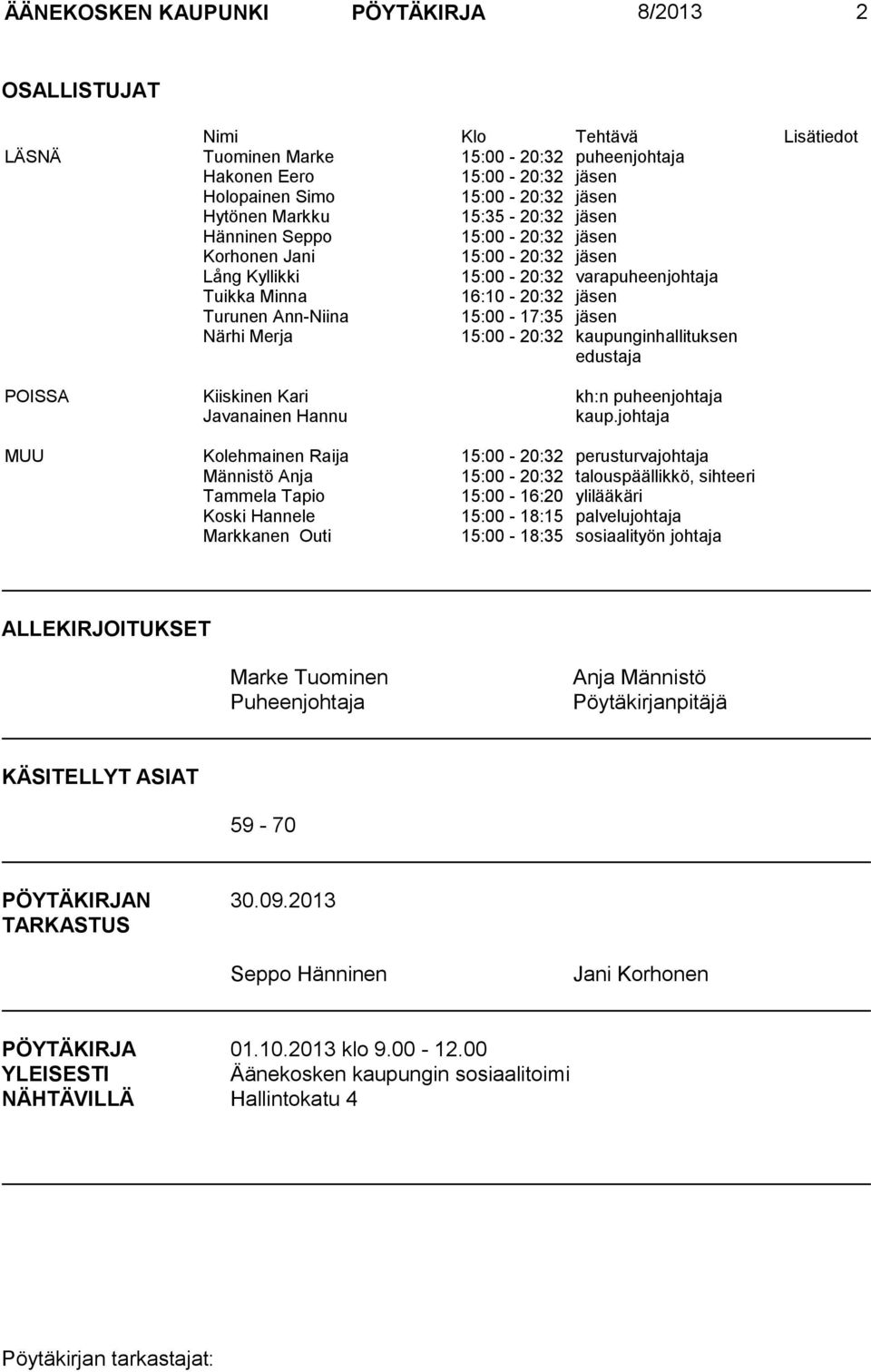 15:00-17:35 jäsen Närhi Merja 15:00-20:32 kaupunginhallituksen edustaja POISSA Kiiskinen Kari kh:n puheenjohtaja Javanainen Hannu kaup.