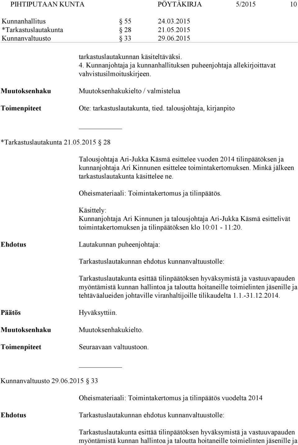 2015 28 Talousjohtaja Ari-Jukka Käsmä esittelee vuoden 2014 tilinpäätöksen ja kun nan joh ta ja Ari Kinnunen esittelee toimintakertomuksen. Minkä jälkeen tar kas tus lau ta kun ta käsittelee ne.