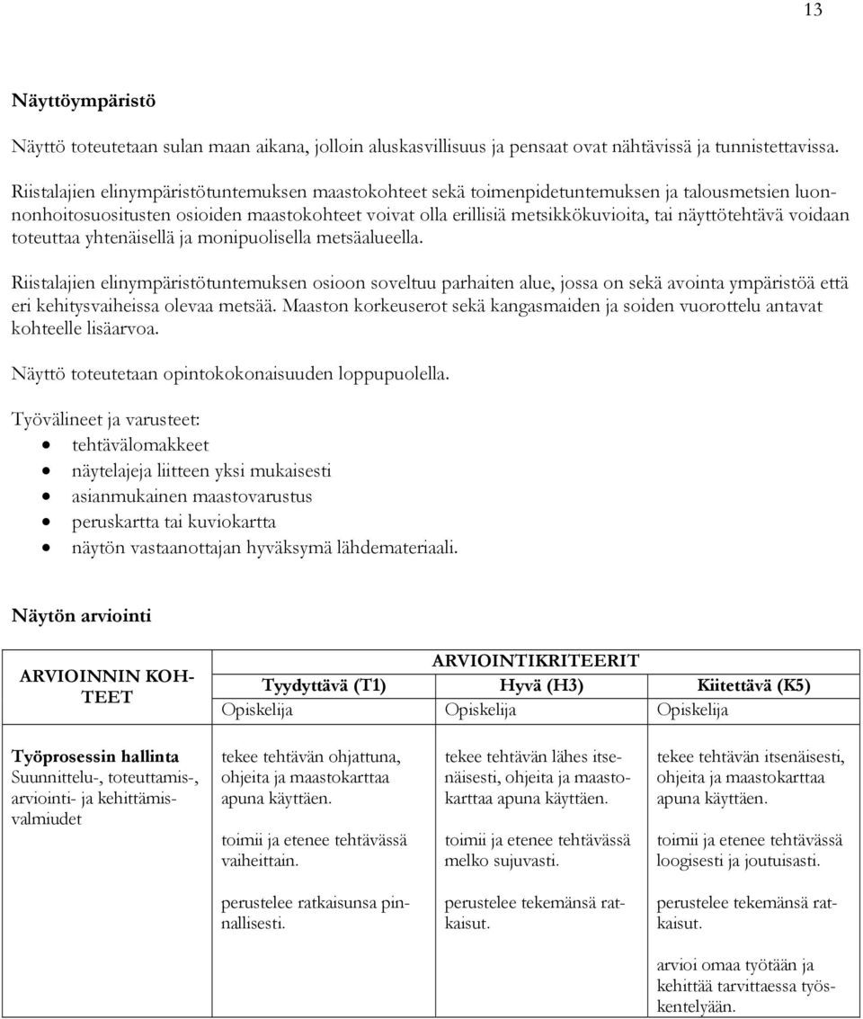 näyttötehtävä voidaan toteuttaa yhtenäisellä ja monipuolisella metsäalueella.