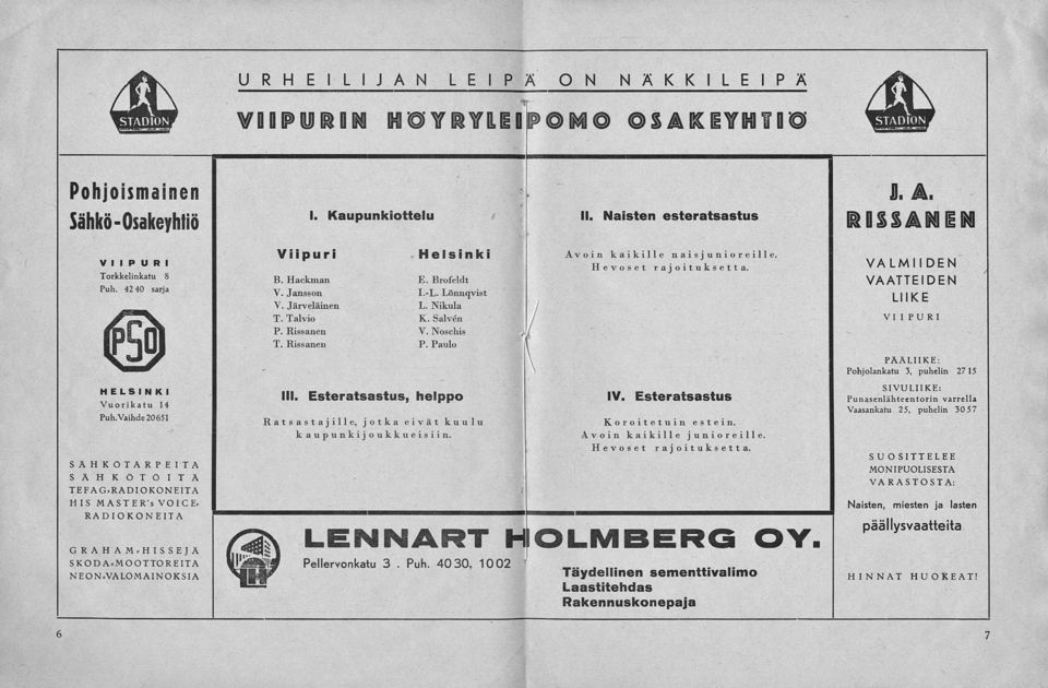 HISSEJÄ SKODAsMOOTTOREITA NEON=VALOM AINOKSI A Viipuri Helsinki B. Hackman E. Brofeldt V. Jansson 1.-L. Lönnqvist V. Järveläinen L. Nikula T. Talvio K. Salvén P. Rissanen V. Noschis T. Rissanen P.