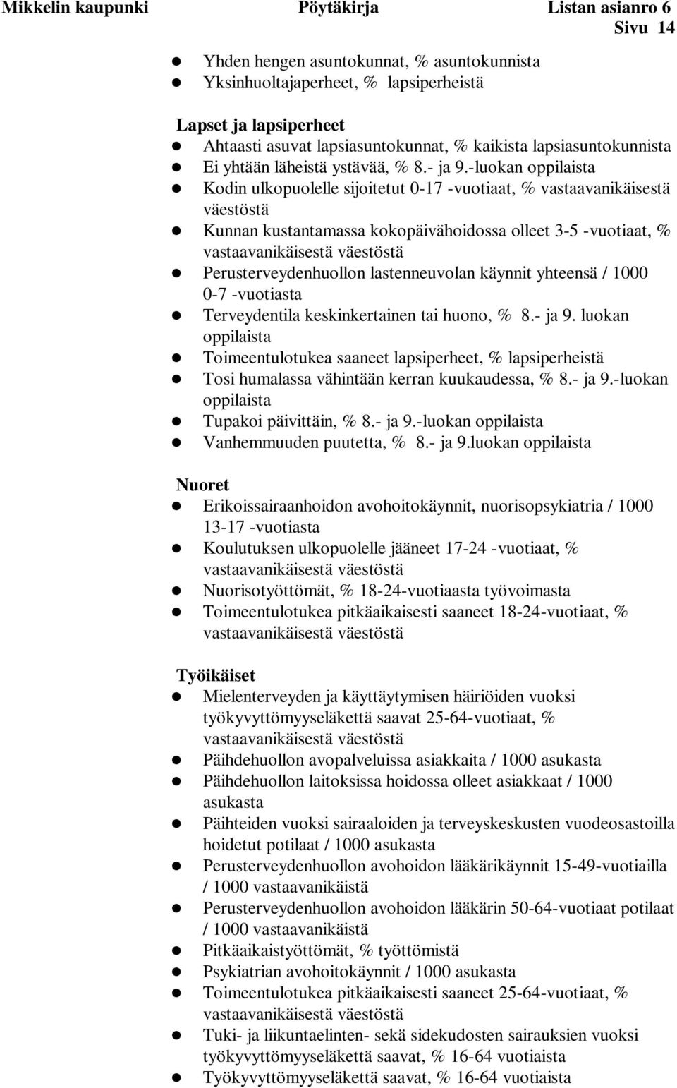 -luokan oppilaista Kodin ulkopuolelle sijoitetut 0-17 -vuotiaat, % vastaavanikäisestä väestöstä Kunnan kustantamassa kokopäivähoidossa olleet 3-5 -vuotiaat, % vastaavanikäisestä väestöstä