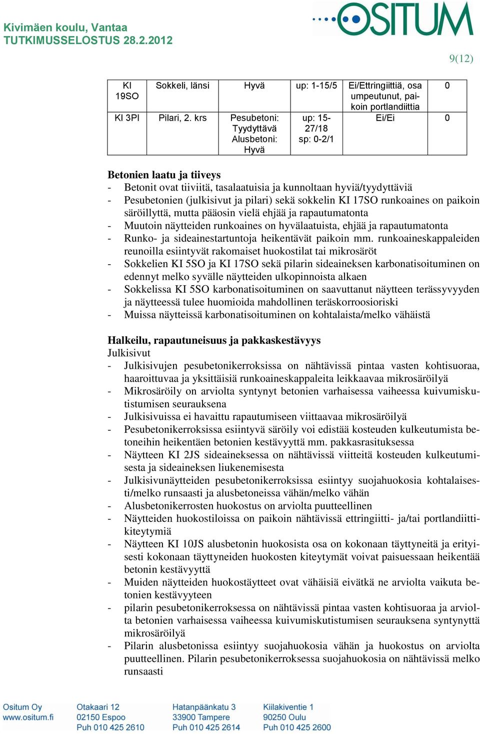 (julkisivut ja pilari) sekä sokkelin KI 17SO runkoaines on paikoin säröillyttä, mutta pääosin vielä ehjää ja rapautumatonta - Muutoin näytteiden runkoaines on hyvälaatuista, ehjää ja rapautumatonta -