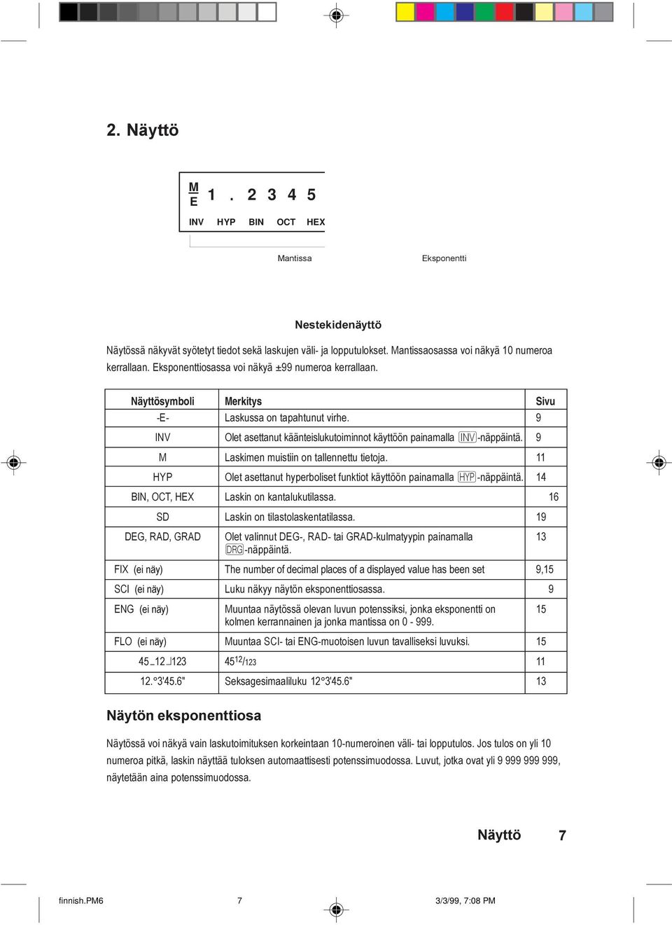 9 M Laskimen muistiin on tallennettu tietoja. 11 HYP Olet asettanut hyperboliset funktiot käyttöön painamalla ª-näppäintä. 14 BIN, OCT, HEX Laskin on kantalukutilassa.