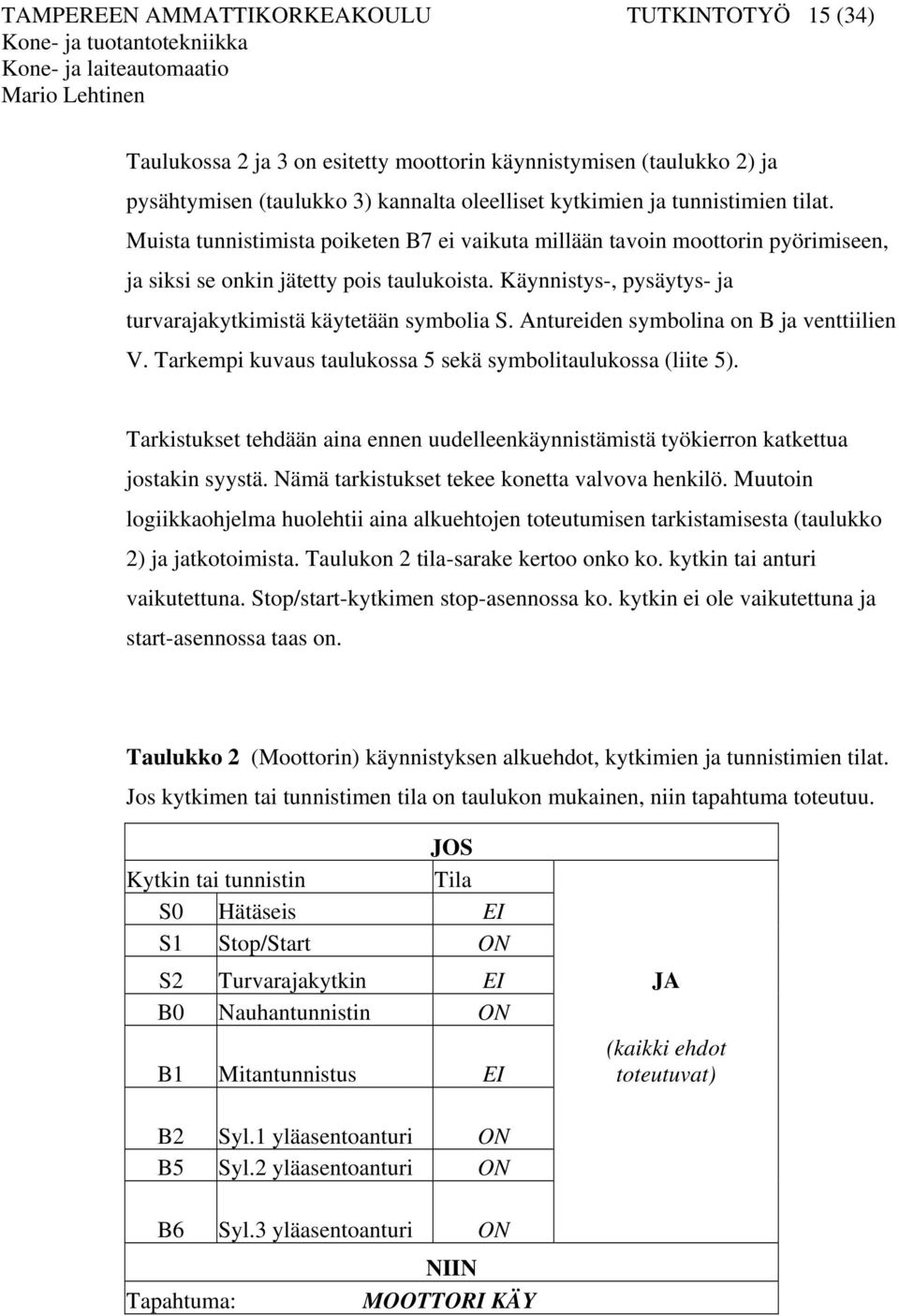Antureiden symbolina on B ja venttiilien V. Tarkempi kuvaus taulukossa 5 sekä symbolitaulukossa (liite 5). Tarkistukset tehdään aina ennen uudelleenkäynnistämistä työkierron katkettua jostakin syystä.