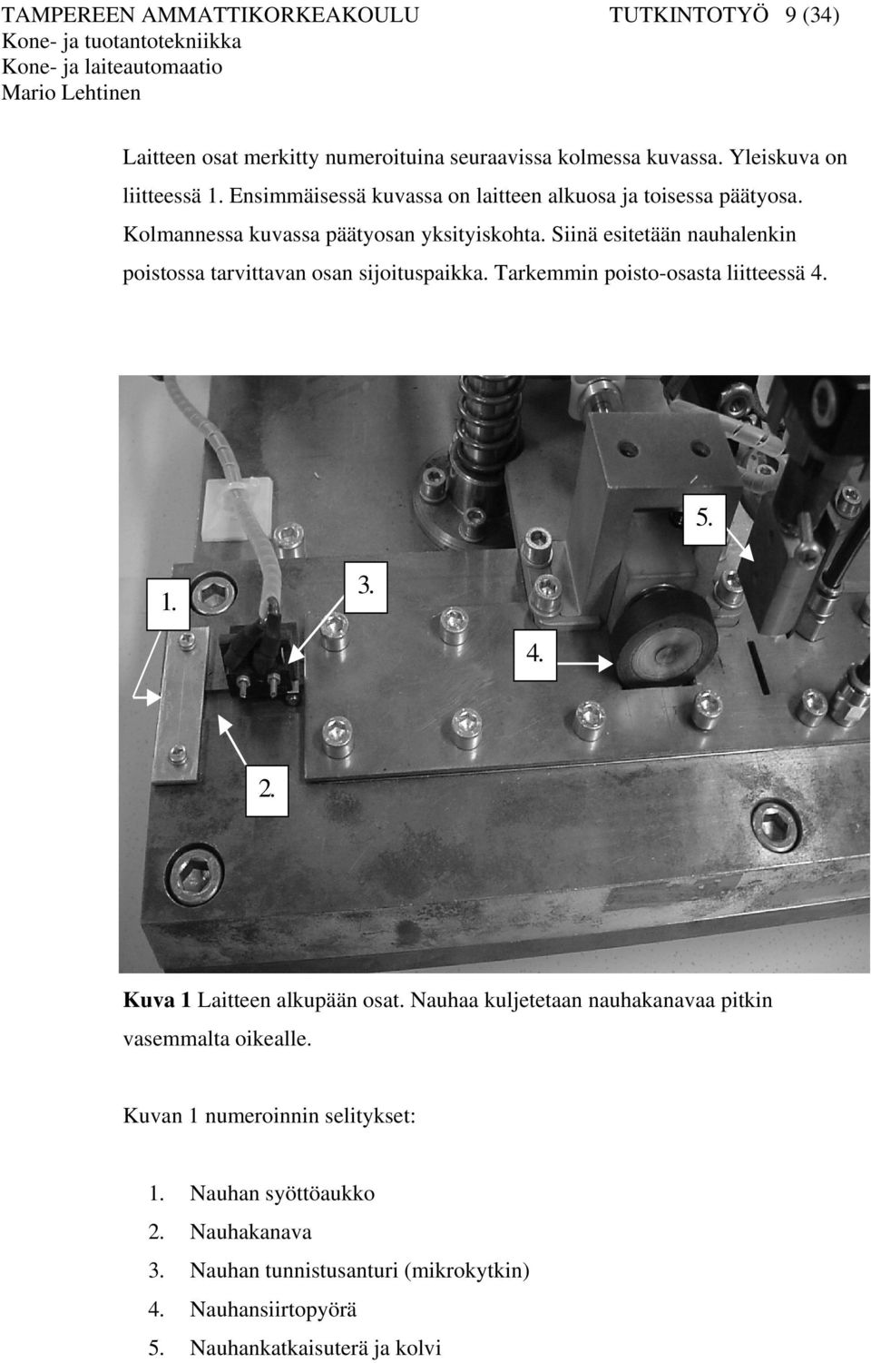 Siinä esitetään nauhalenkin poistossa tarvittavan osan sijoituspaikka. Tarkemmin poisto-osasta liitteessä 4. 5. 1. 3. 4. 2. Kuva 1 Laitteen alkupään osat.