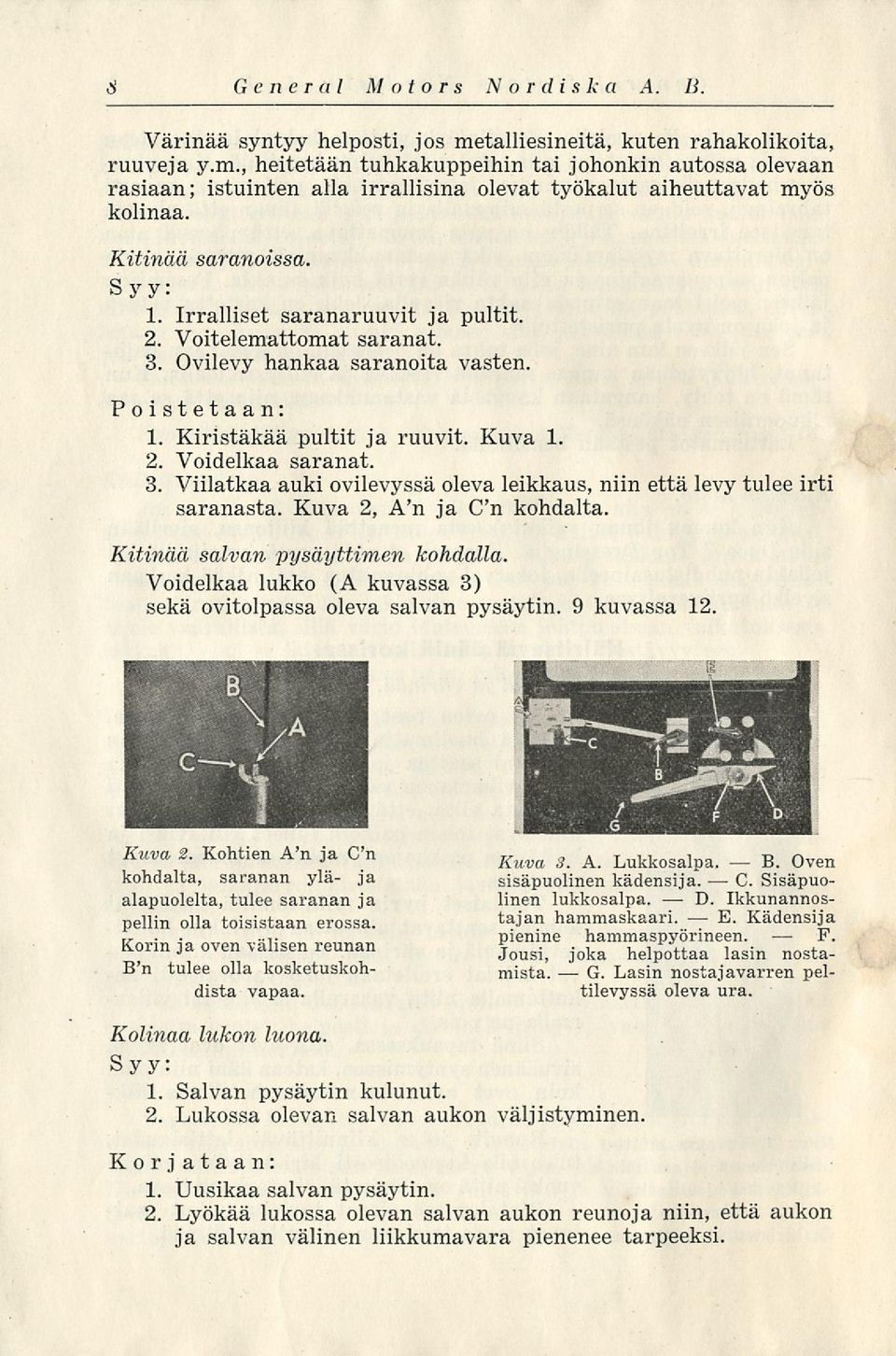 Kitinää saranoissa. Syy: 1. Irralliset saranaruuvit ja pultit. 2. Voitelemattomat saranat. 3. Ovilevy hankaa saranoita vasten Poistetaan: 1. Kiristäkää pultit ja ruuvit. Kuva 1. 2. Voidelkaa saranat.