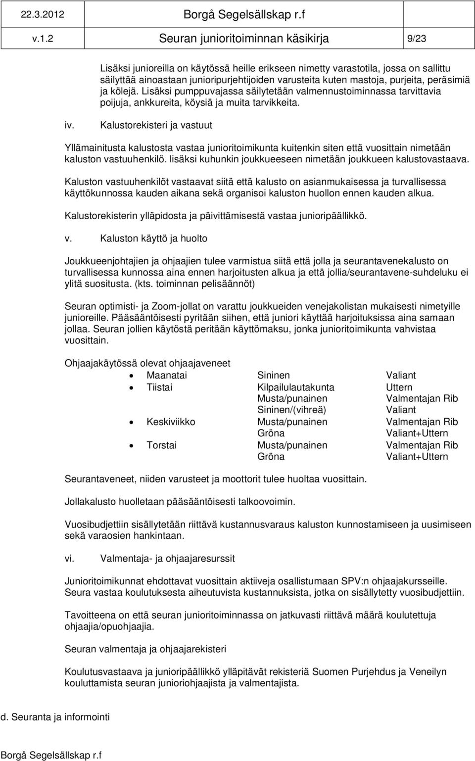 mastoja, purjeita, peräsimiä ja kölejä. Lisäksi pumppuvajassa säilytetään valmennustoiminnassa tarvittavia poijuja, ankkureita, köysiä ja muita tarvikkeita. iv.