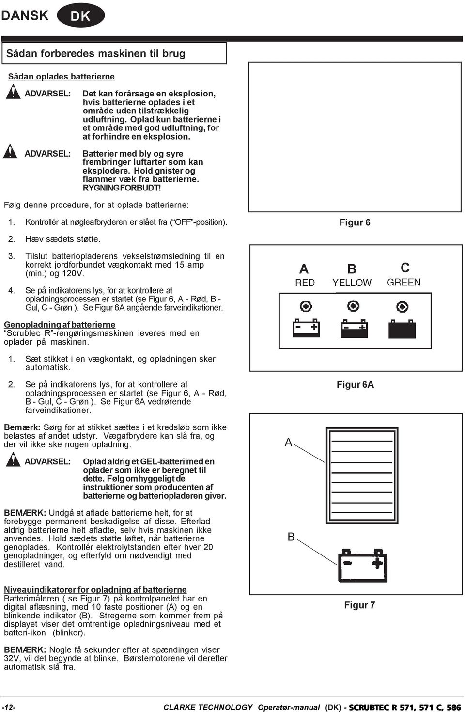 RYGNING FORBUDT! A B C Følg denne procedure, for at oplade batterierne: 1. Kontrollér at nøgleafbryderen er slået fra ( OFF -position). 2. Hæv sædets støtte. 3.