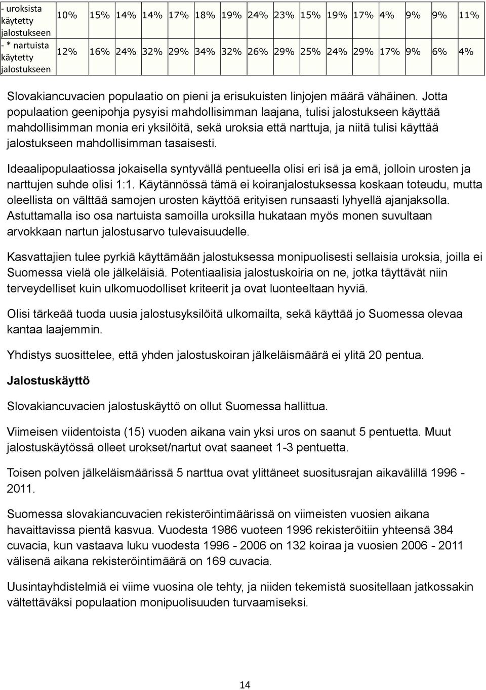 Jotta populaation geenipohja pysyisi mahdollisimman laajana, tulisi jalostukseen käyttää mahdollisimman monia eri yksilöitä, sekä uroksia että narttuja, ja niitä tulisi käyttää jalostukseen