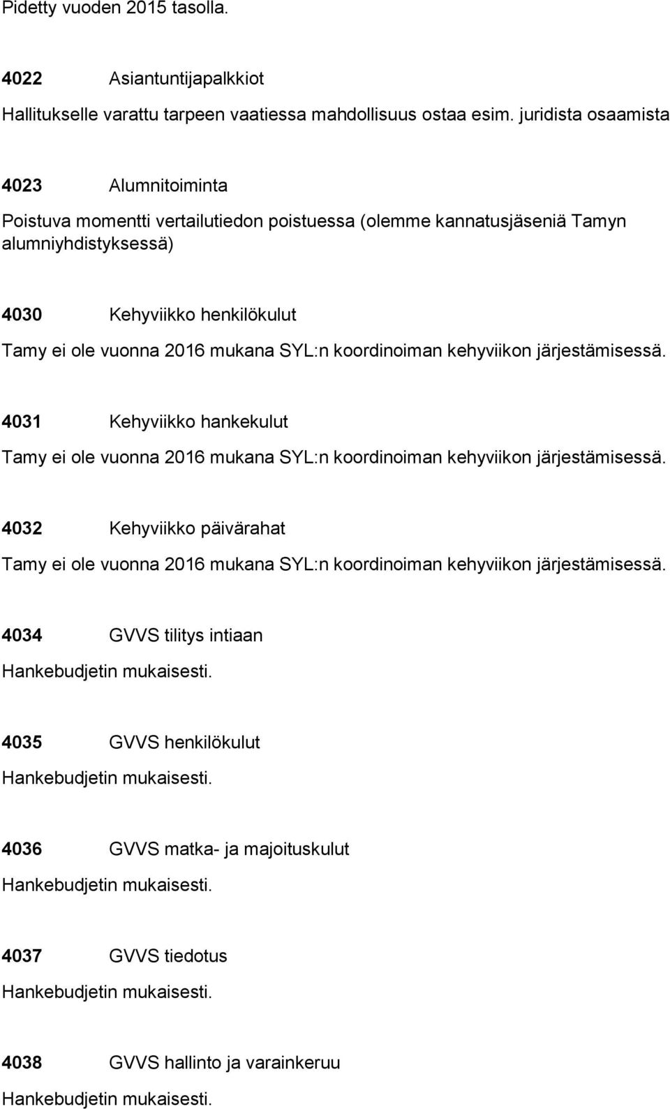 SYL:n koordinoiman kehyviikon järjestämisessä. 4031 Kehyviikko hankekulut Tamy ei ole vuonna 2016 mukana SYL:n koordinoiman kehyviikon järjestämisessä.