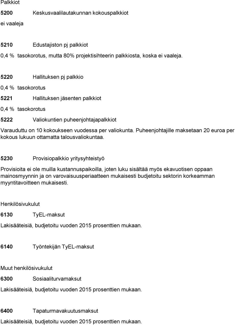 Puheenjohtajille maksetaan 20 euroa per kokous lukuun ottamatta talousvaliokuntaa.