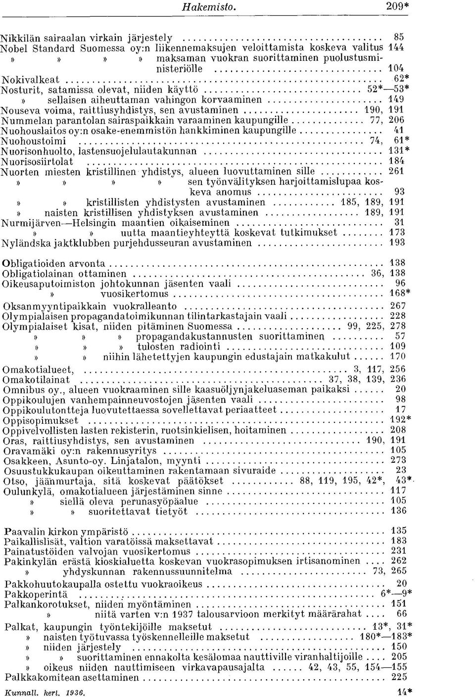 Nosturit, satamissa olevat, niiden käyttö 52* 53* sellaisen aiheuttaman vahingon korvaaminen 149 Nouseva voima, raittiusyhdistys, sen avustaminen 190, 191 Nummelan parantolan sairaspaikkain