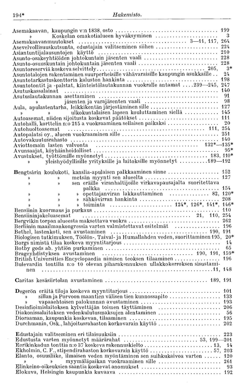 käyttö 210 Asunto-osakeyhtiöiden johtokuntain jäsenten vaali 228 Asunto-osuuskuntain johtokuntain jäsenten vaali 228 Asuntoreserviä koskeva selvittely 205, 3* Asuntotalojen rakentaminen