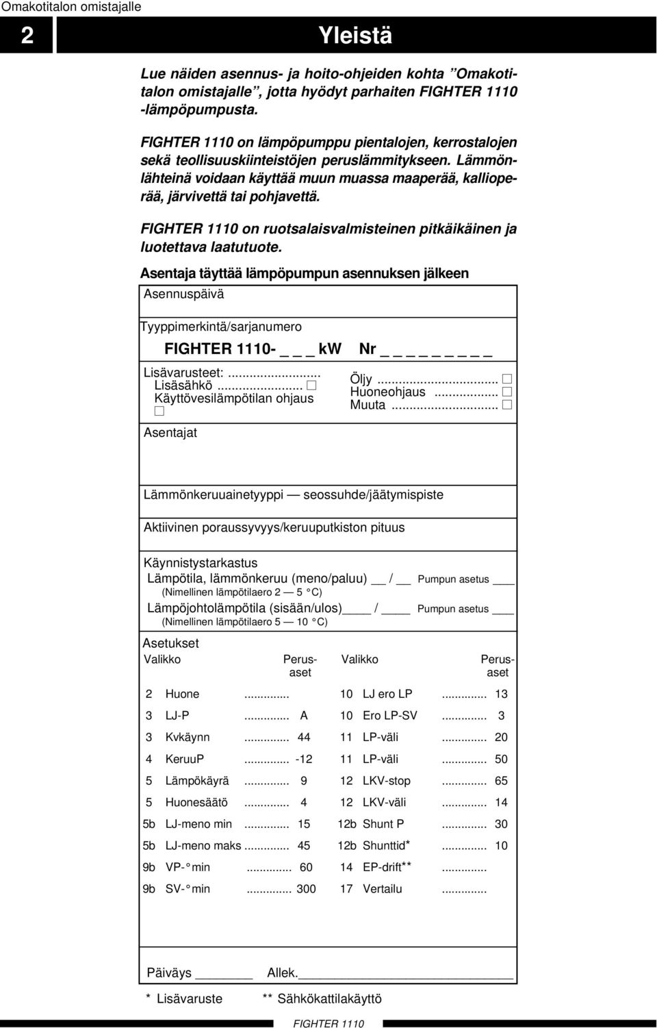 FIGHTER on ruotsalaisvalmisteinen pitkäikäinen ja luotettava laatutuote. Asentaja täyttää lämpöpumpun asennuksen jälkeen Asennuspäivä Tyyppimerkintä/sarjanumero FIGHTER - _ kw Lisävarusteet:.