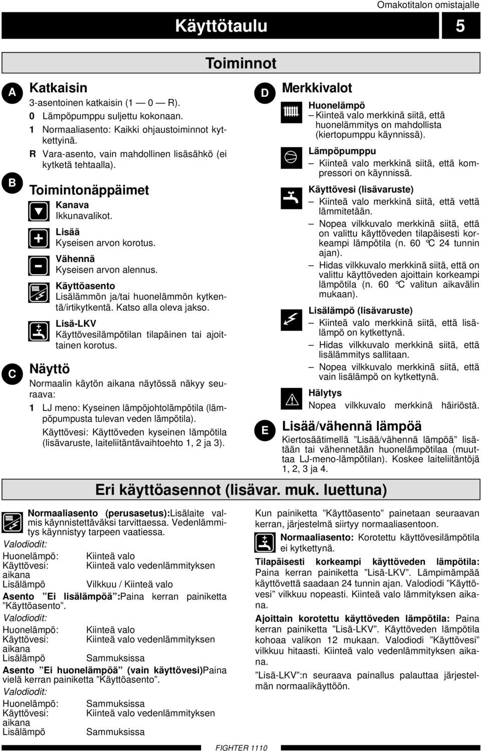 Käyttöasento Lisälämmön ja/tai huonelämmön kytkentä/irtikytkentä. Katso alla oleva jakso. Lisä-LKV Käyttövesilämpötilan tilapäinen tai ajoittainen korotus.