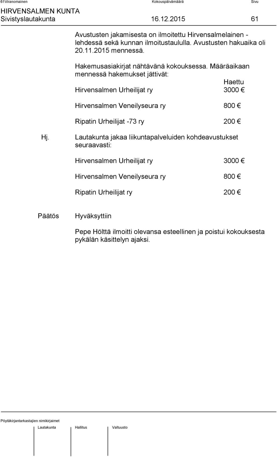 Määräaikaan mennessä hakemukset jättivät: Haettu Hirvensalmen Urheilijat ry 3000 Hirvensalmen Veneilyseura ry 800 Ripatin Urheilijat -73 ry 200 Hj.