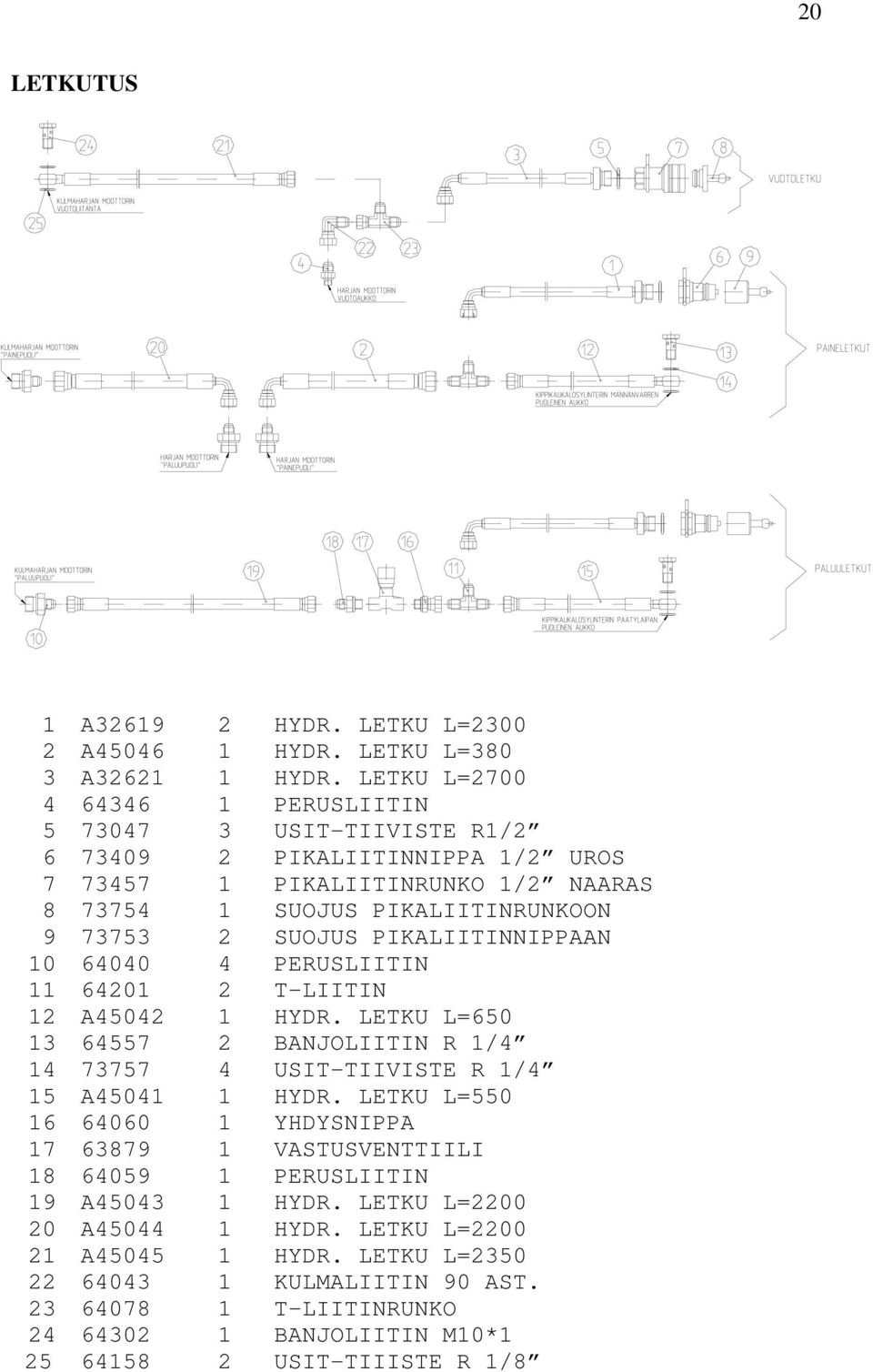 SUOJUS PIKALIITINNIPPAAN 10 64040 4 PERUSLIITIN 11 64201 2 T-LIITIN 12 A45042 1 HYDR. LETKU L=650 13 64557 2 BANJOLIITIN R 1/4 14 73757 4 USIT-TIIVISTE R 1/4 15 A45041 1 HYDR.