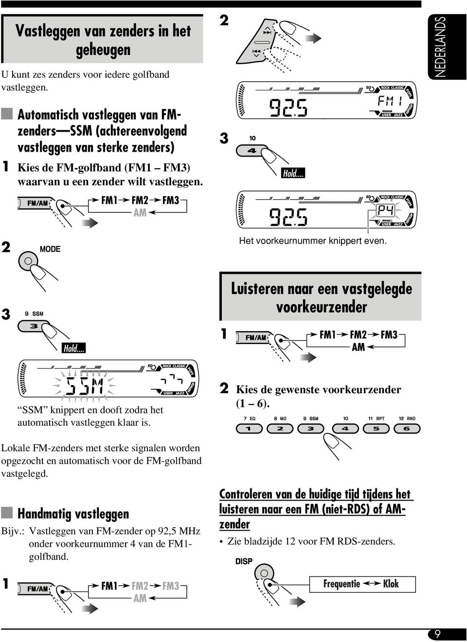 3 2 Het voorkeurnummer knippert even. 3 1 Luisteren naar een vastgelegde voorkeurzender SSM knippert en dooft zodra het automatisch vastleggen klaar is. 2 Kies de gewenste voorkeurzender (1 6).