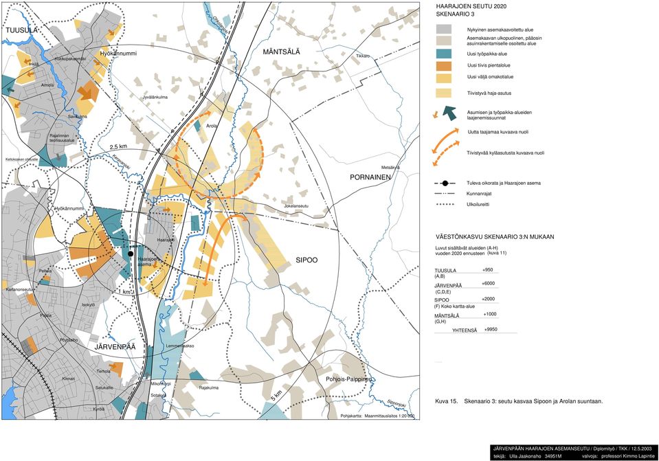 kyläasutusta kuvaava nuoli Tuleva oikorata ja unnanrajat VÄESTÖNASVU SENAARIO 3:N MUAAN artanonseutu 1 km Luvut sisältävät alueiden (A-H) vuoden 2020 ennusteen (kuva 11) +950 (A,B) +6000 (,D,E)