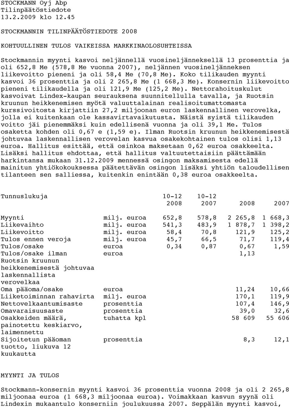 2007), neljännen vuosineljänneksen liikevoitto pieneni ja oli 58,4 Me (70,8 Me). Koko tilikauden myynti kasvoi 36 prosenttia ja oli 2 265,8 Me (1 668,3 Me).