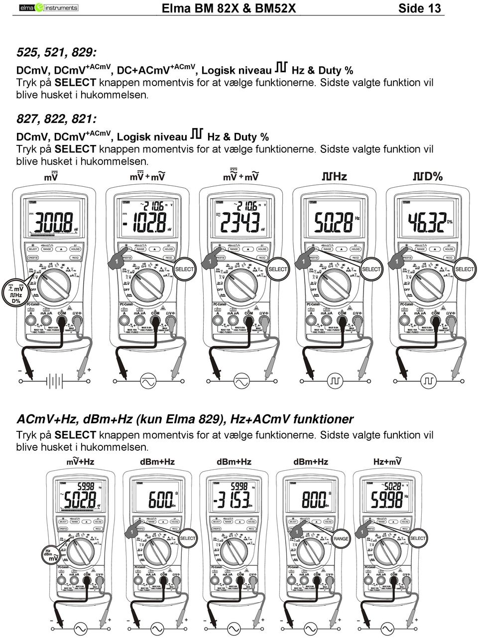 827, 822, 821: DCmV, DCmV +ACmV, Logisk niveau Hz & Duty % Tryk på SELECT knappen momentvis for  ACmV+Hz, dbm+hz (kun Elma 829), Hz+ACmV