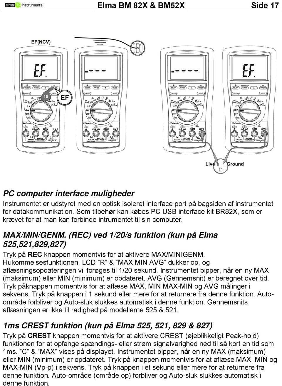 (REC) ved 1/20/s funktion (kun på Elma 525,521,829,827) Tryk på REC knappen momentvis for at aktivere MAX/MINIGENM. Hukommelsesfunktionen.