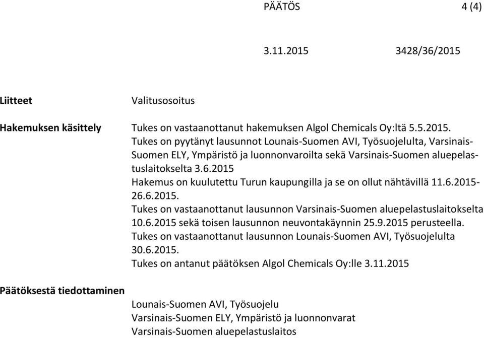 2015 Hakemus on kuulutettu Turun kaupungilla ja se on ollut nähtävillä 11.6.2015-26.6.2015. Tukes on vastaanottanut lausunnon Varsinais-Suomen aluepelastuslaitokselta 10.6.2015 sekä toisen lausunnon neuvontakäynnin 25.