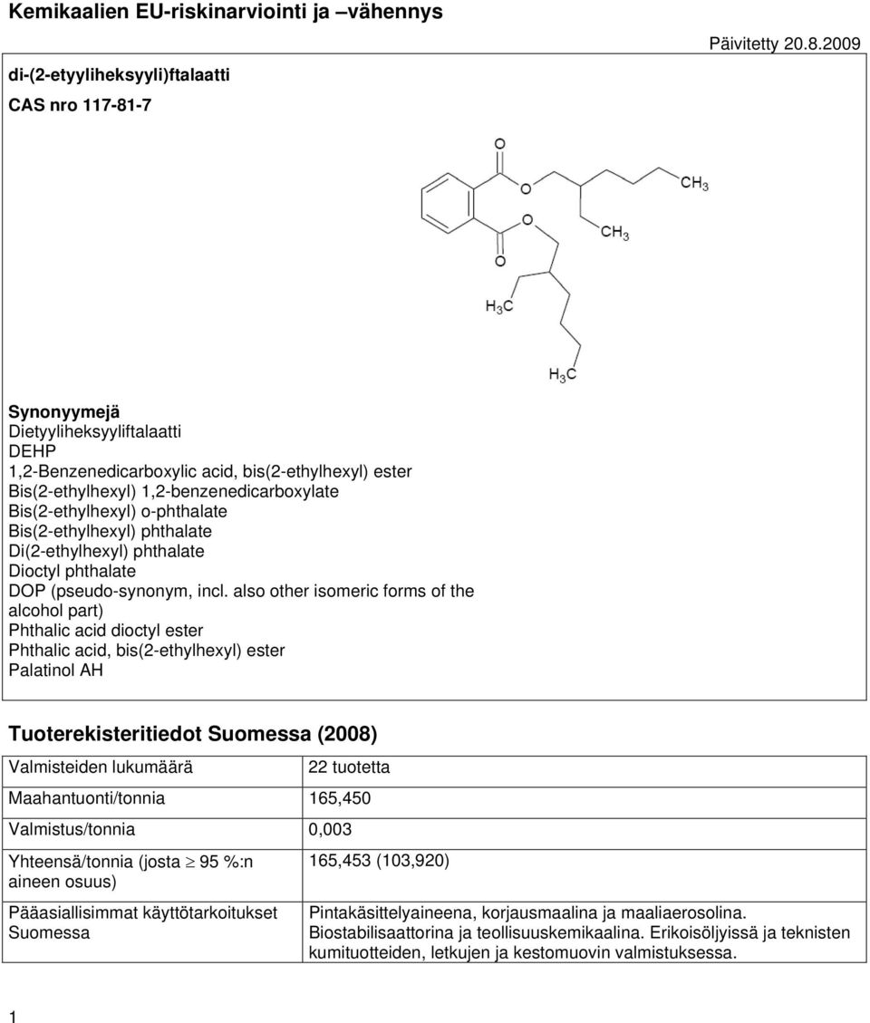 2009 Synonyymejä Dietyyliheksyyliftalaatti DEHP 1,2-Benzenedicarboxylic acid, bis(2-ethylhexyl) ester Bis(2-ethylhexyl) 1,2-benzenedicarboxylate Bis(2-ethylhexyl) o-phthalate Bis(2-ethylhexyl)