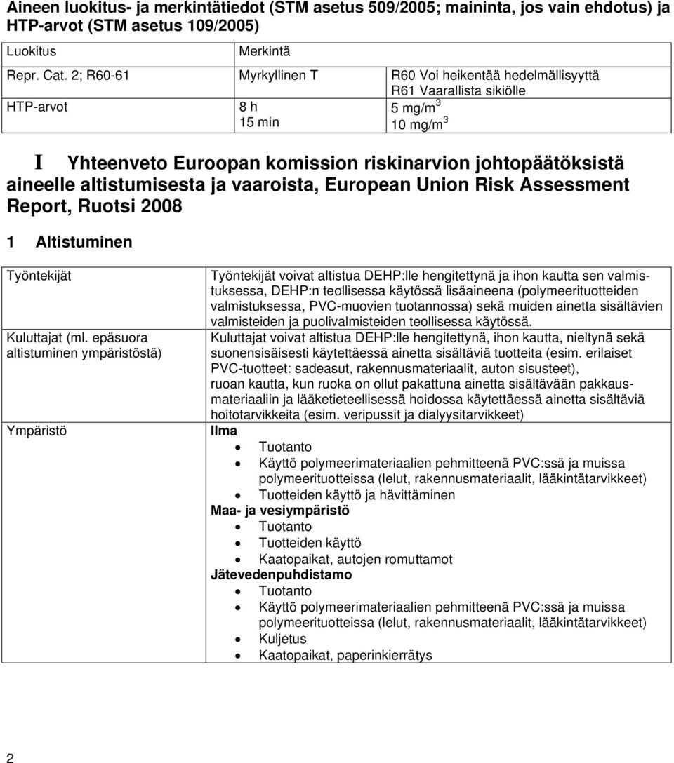 altistumisesta ja vaaroista, European Union Risk Assessment Report, Ruotsi 2008 1 Altistuminen Työntekijät Kuluttajat (ml.