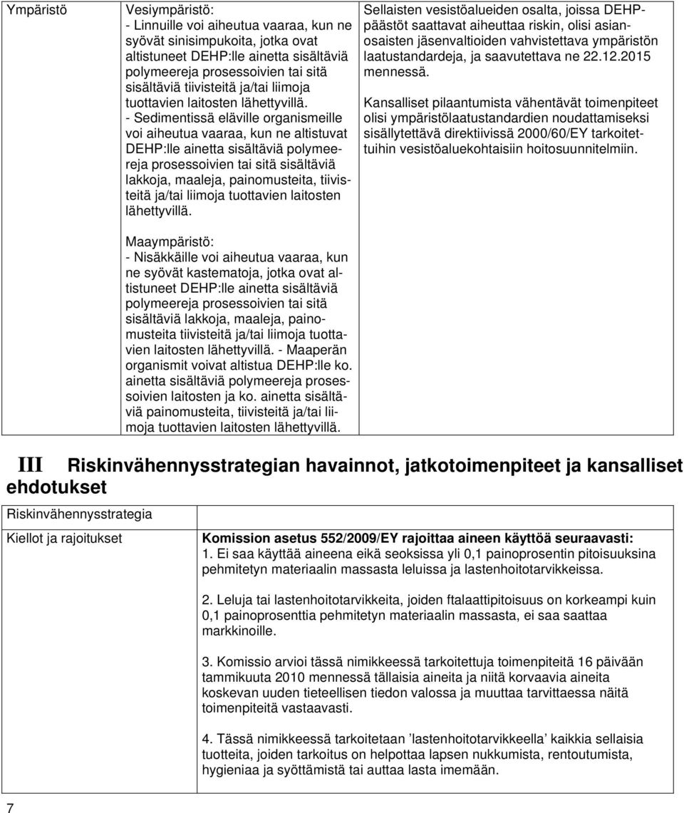 - Sedimentissä eläville organismeille voi aiheutua vaaraa, kun ne altistuvat DEHP:lle ainetta sisältäviä polymeereja prosessoivien tai sitä sisältäviä lakkoja, maaleja, painomusteita, tiivisteitä 