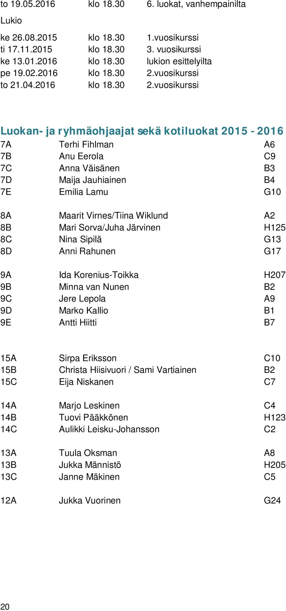 vuosikurssi Luokan- ja ryhmäohjaajat sekä kotiluokat 2015 2016 7A Terhi Fihlman A6 7B Anu Eerola C9 7C Anna Väisänen B3 7D Maija Jauhiainen B4 7E Emilia Lamu G10 8A Maarit Virnes/Tiina Wiklund A2 8B