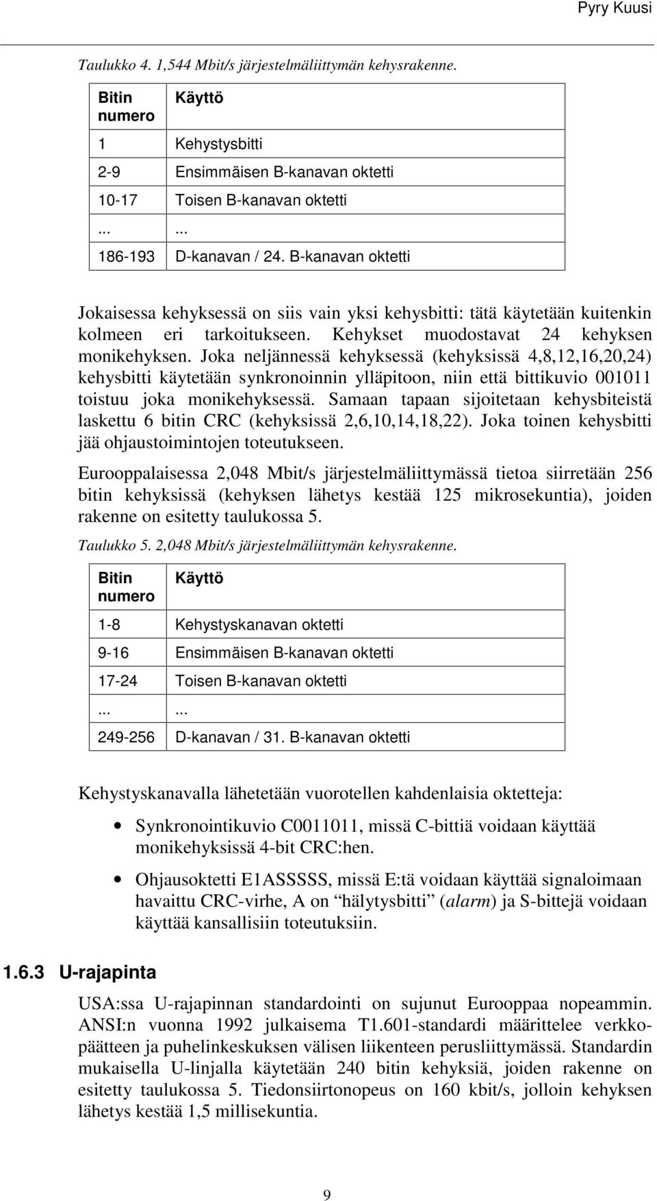 Joka neljännessä kehyksessä (kehyksissä 4,8,2,6,2,24) kehysbitti käytetään synkronoinnin ylläpitoon, niin että bittikuvio toistuu joka monikehyksessä.