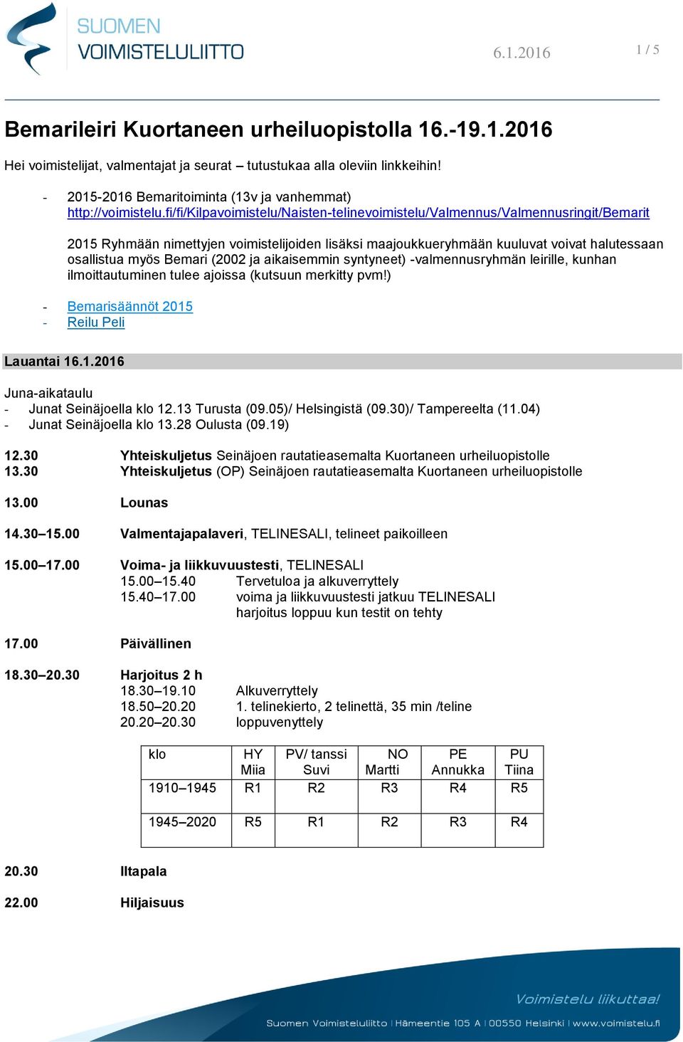 fi/fi/kilpavoimistelu/naisten-telinevoimistelu/valmennus/valmennusringit/bemarit 2015 Ryhmään nimettyjen voimistelijoiden lisäksi maajoukkueryhmään kuuluvat voivat halutessaan osallistua myös Bemari