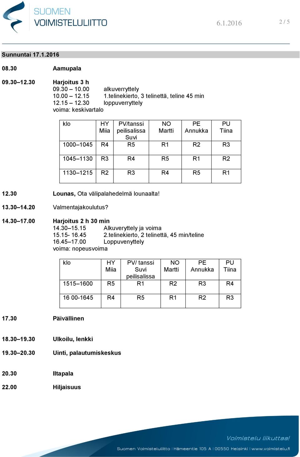 30 Lounas, Ota välipalahedelmä lounaalta! 13.30 14.20 Valmentajakoulutus? 14.30 17.00 Harjoitus 2 h 30 min 14.30 15.15 Alkuveryttely ja voima 15.15-16.45 2.
