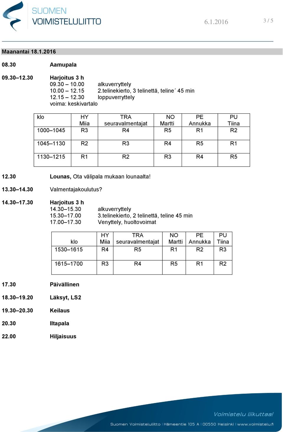 30 Lounas, Ota välipala mukaan lounaalta! 13.30 14.30 Valmentajakoulutus? 14.30 17.30 Harjoitus 3 h 14.30 15.30 alkuverryttely 15.30 17.00 3.