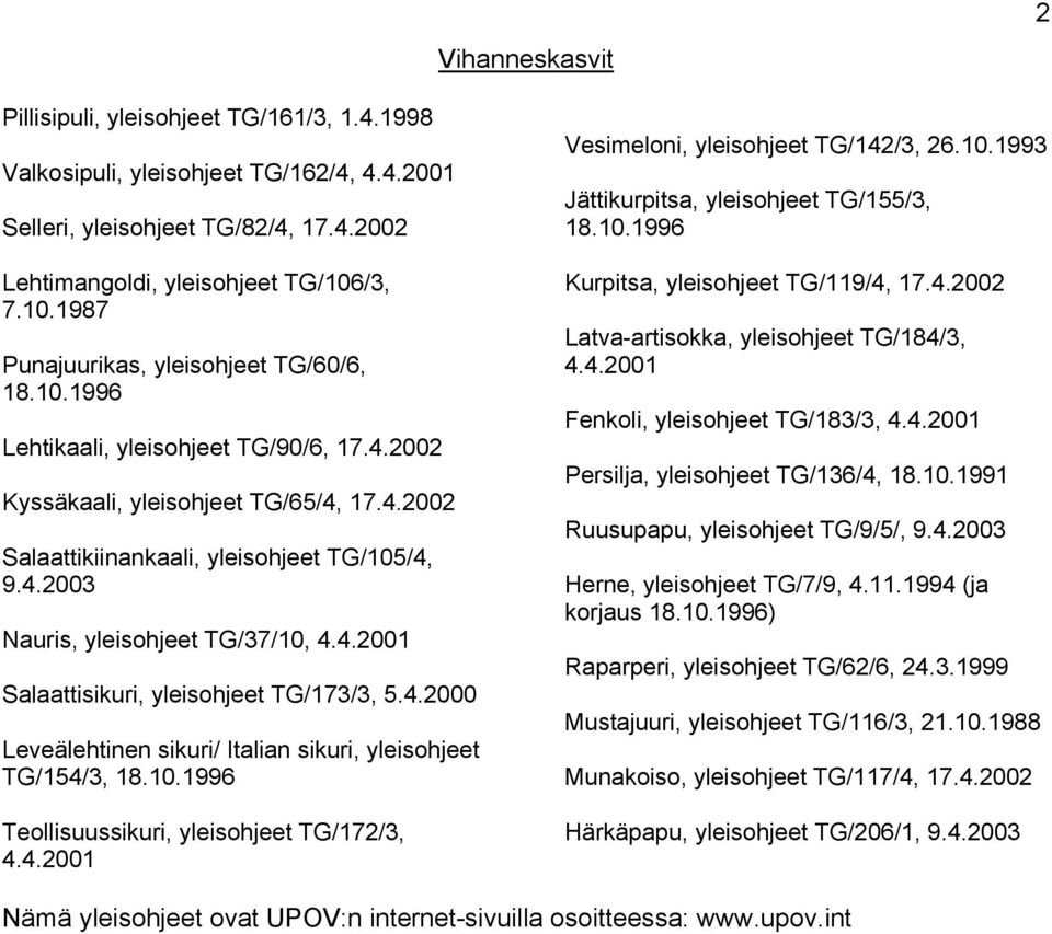 4.2001 Salaattisikuri, yleisohjeet TG/173/3, 5.4.2000 Leveälehtinen sikuri/ Italian sikuri, yleisohjeet TG/154/3, 18.10.1996 Teollisuussikuri, yleisohjeet TG/172/3, 4.4.2001 Vesimeloni, yleisohjeet TG/142/3, 26.