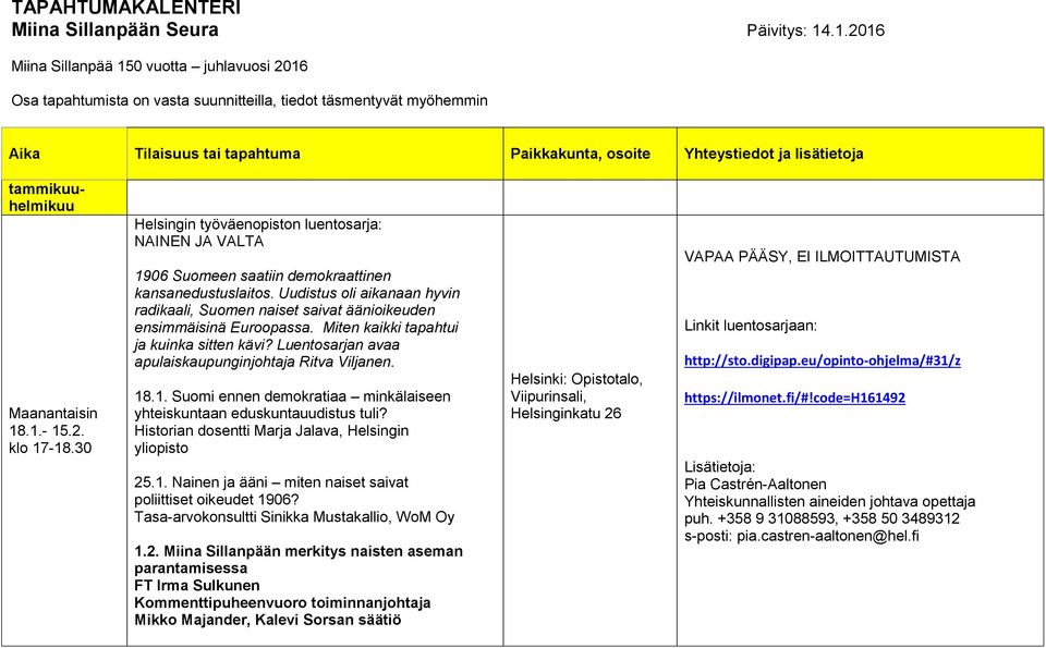 tammikuuhelmikuu Maanantaisin 18.1.- 15.2. klo 17-18.30 Helsingin työväenopiston luentosarja: NAINEN JA VALTA 1906 Suomeen saatiin demokraattinen kansanedustuslaitos.