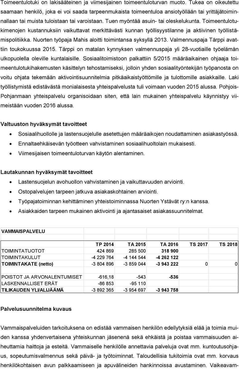 Toimeentulotukimenojen kustannuksiin vaikuttavat merkittävästi kunnan työllisyystilanne ja aktiivinen työllistämispolitiikka. Nuorten työpaja Mahis aloitti toimintansa syksyllä 2013.